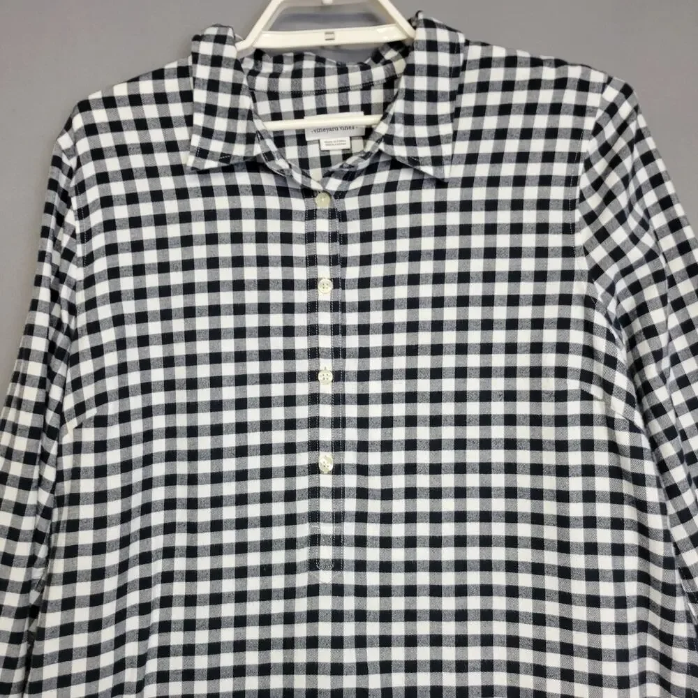 Vineyard Vines Gingham Top Womens 14 Black White 1/2 Button Flannel Tunic